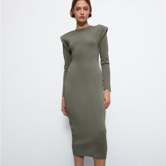 ZARA Shoulder Pad Knit Midi Dress - Picture 2 of 4